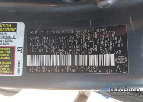 2012 Toyota Corolla S из США, поврежденный, VIN 2T1BU4EE7CC905886